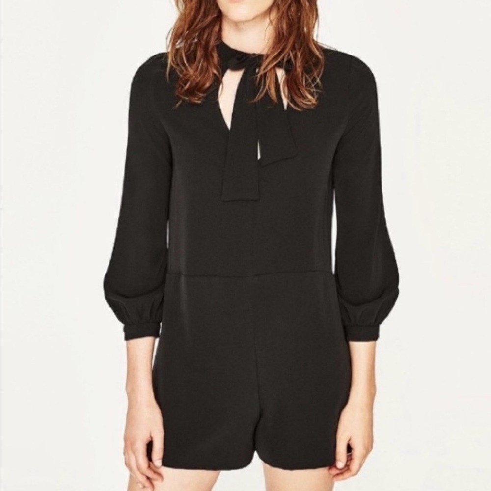 Zara Black Short Jumpsuit with Balloon Sleeves and Bow at Neckline